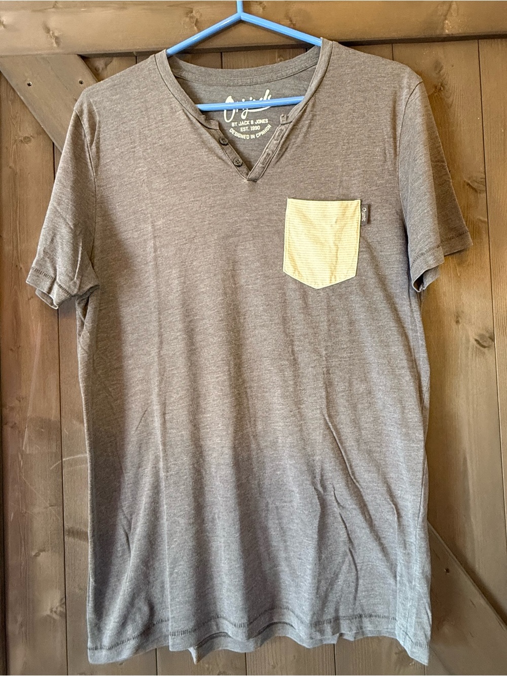 Jack & Jones Brown V-Neck Short Sleeve Tee with Cream Chest Pocket